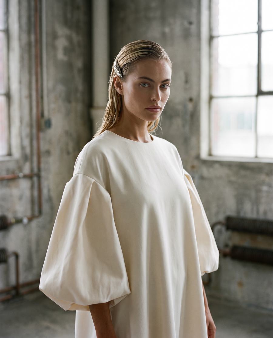 A woman wearing a cream-colored, oversized bubble-sleeve dress wearing the sterling silver and lab grown diamond hair clip 